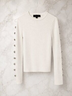 Zara Ivory Ribbed Knit Top w/ Silver Sleeve Details Sz S